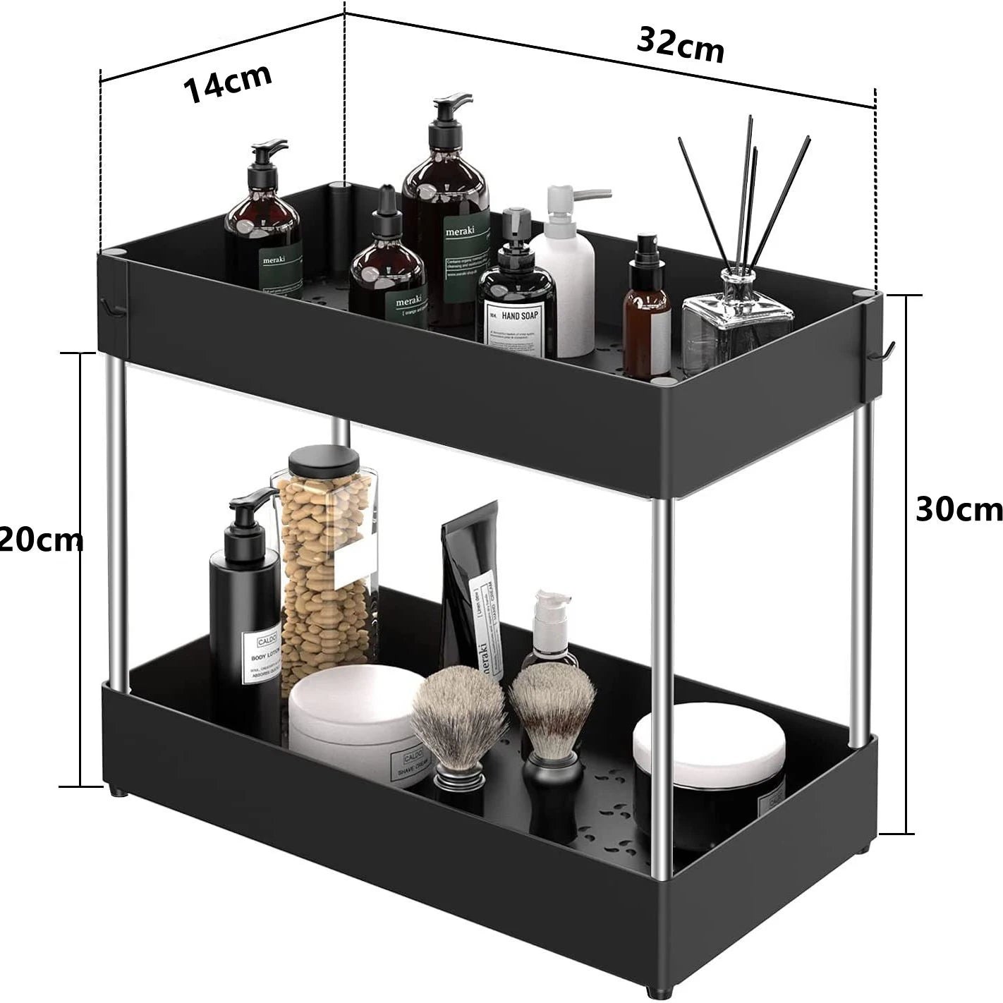 2 Tier Under Sink Organizer Sliding Cabinet Basket Storage Rack with Hooks Hanging Cup