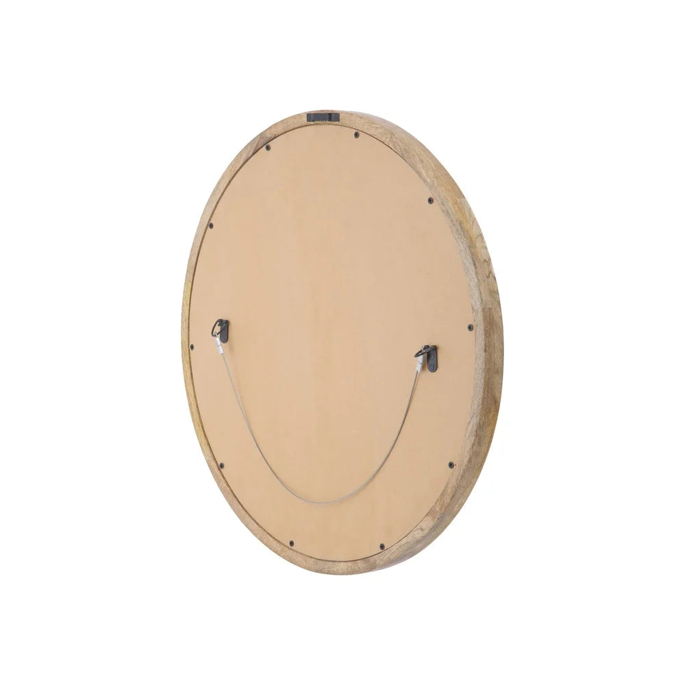 Round Mirror Mango Wood Frame Handcrafted Wall Accent Reflective Surface No Assembly