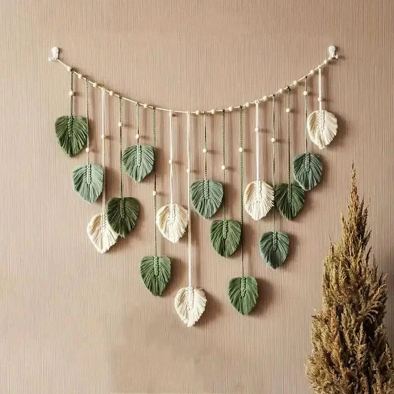 Macrame Tapestry Leaf Hanging Decor for Living Room Bedroom, Boho Wall Art