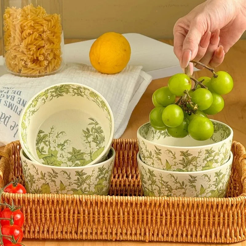 Deluxe Ceramic Bowl Spoon Set Bell Orchid Oil Painting Style Ceramic Tableware Retro Bowl