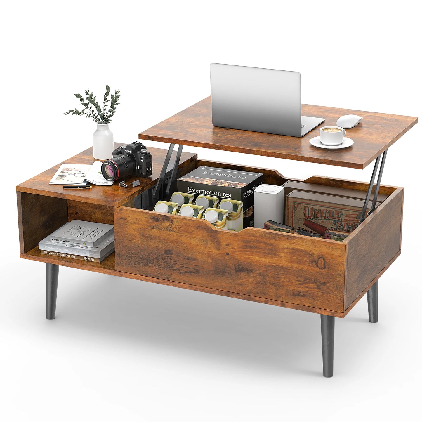 Coffee Table Tea Wood Dining Tables Adjustable Storage Shelf Easy Lift Or Lower