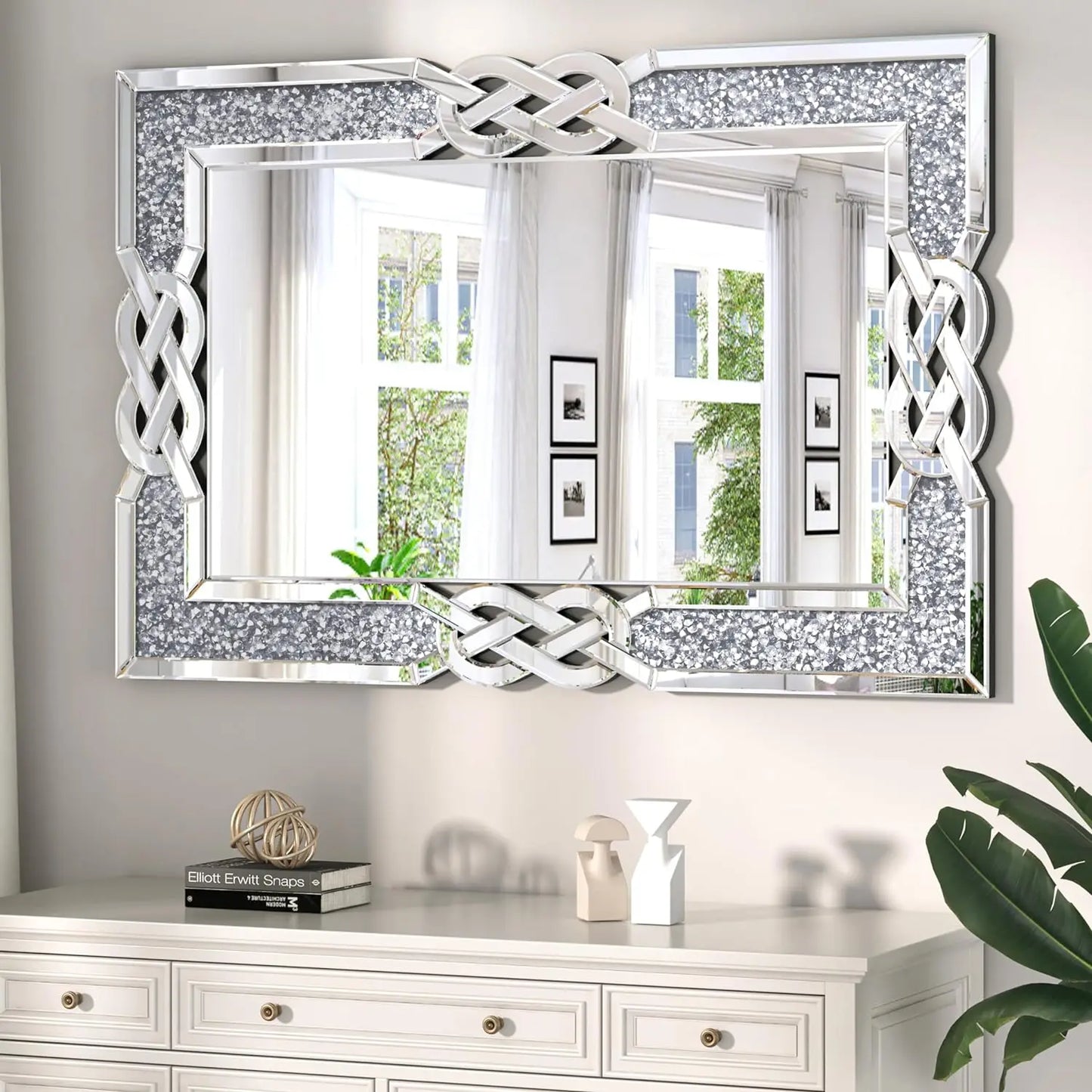 Large Crystal Crush Diamond Mirror Silver Decorative Wall Hang Mirror Beautiful for any Room