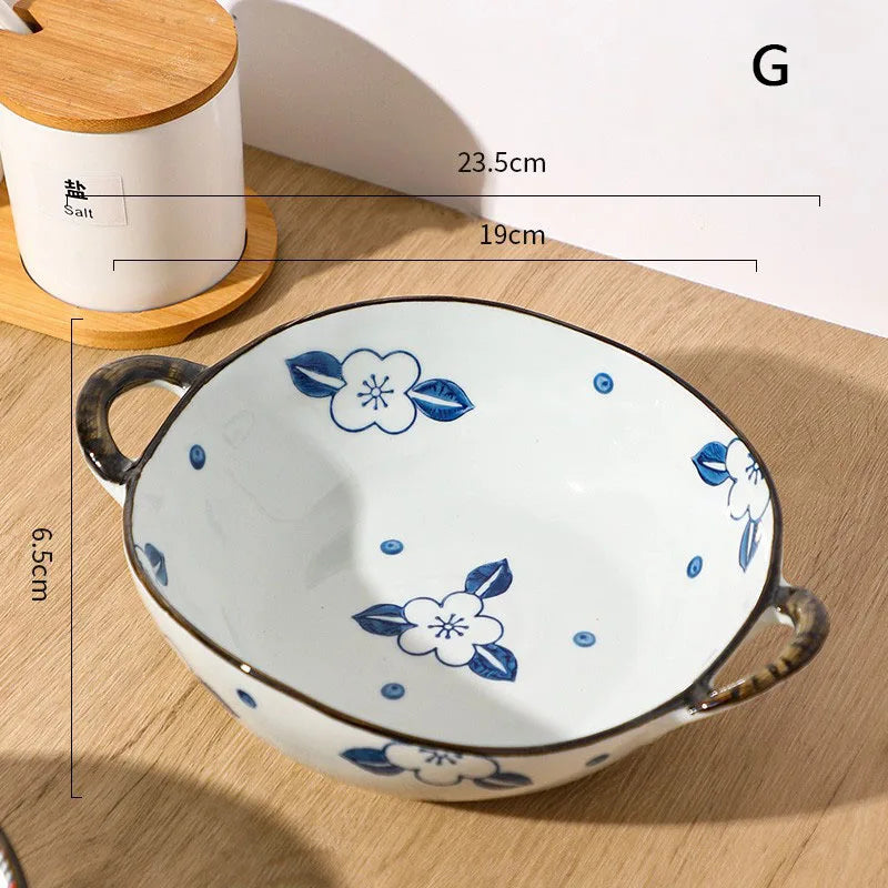 YWDL 700ml Ceramic Salad Bowl With Handle Kitchen Soup, noodles, and fruit Japanese Tableware Microwave Pan