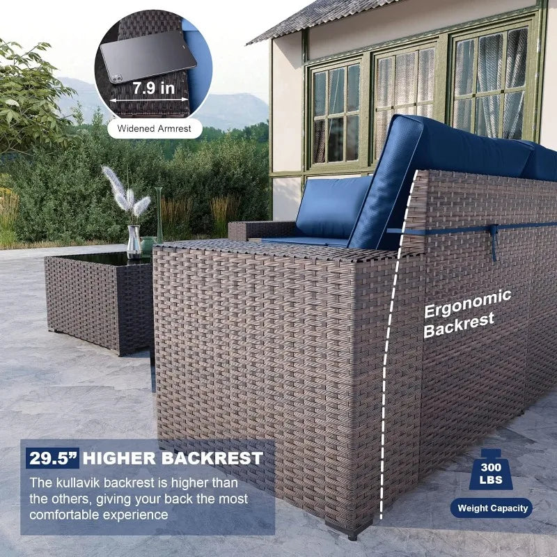 6PCS Outdoor Patio Furniture Set PE Wicker Rattan Sectional Sofa Patio Navy Blue
