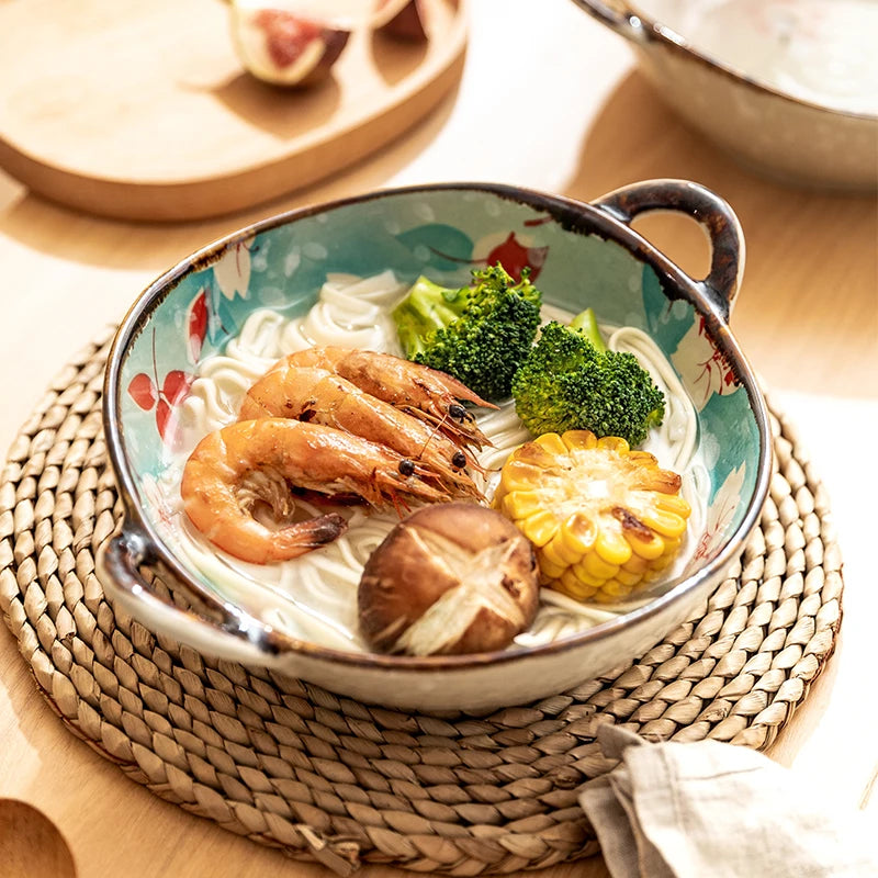 YWDL 700ml Ceramic Salad Bowl With Handle Kitchen Soup, noodles, and fruit Japanese Tableware Microwave Pan