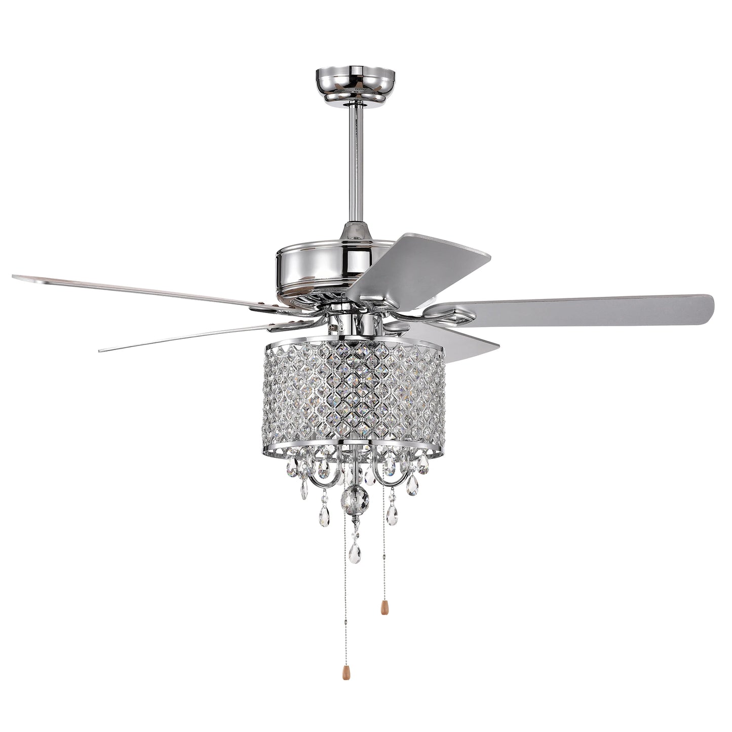 52'' Classical Crystal Ceiling Fan Lamp 3 Speed Hand Pull Chain (High, Mid, Low), 5 Reversible Blades for Living Room, Dining Ro