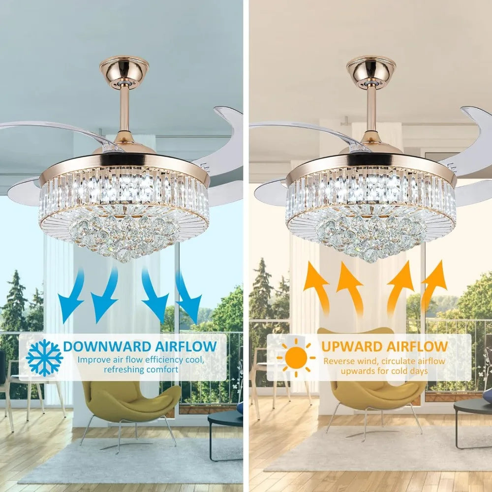 Reversible chandelier crystal ceiling fan with stepless dimming, modern ceiling fan remote control, retractable invisible blades