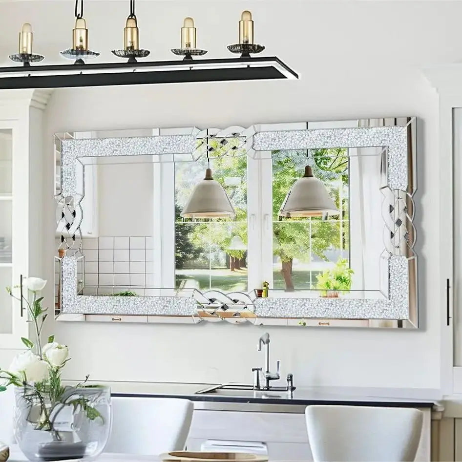 Large Crystal Crush Diamond Mirror Silver Decorative Wall Hang Mirror Beautiful for any Room