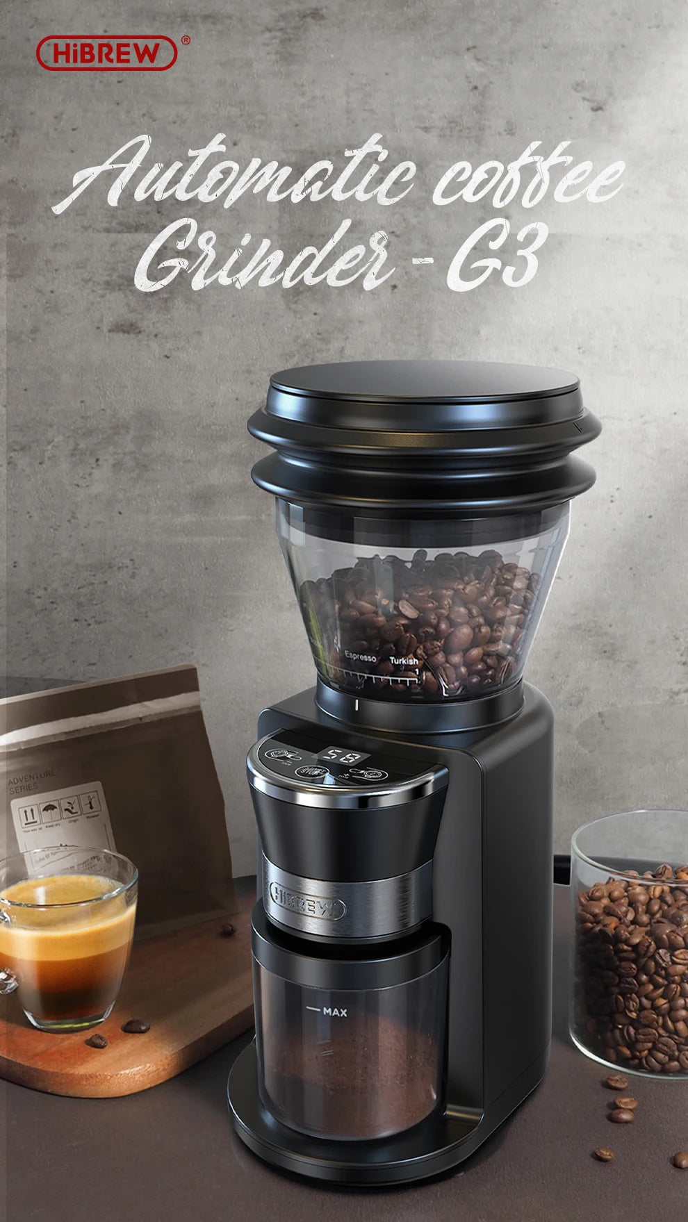 Automatic Mill Electric Coffee Grinder with 34 Gears for Espresso American Coffee Pour Over Visual Bean Storage G3