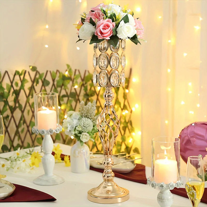 2/10 Piece Metal Diamond Crystal Vase, 24 Inch Gold Multi-Purpose Flower Stand, for All Occasions