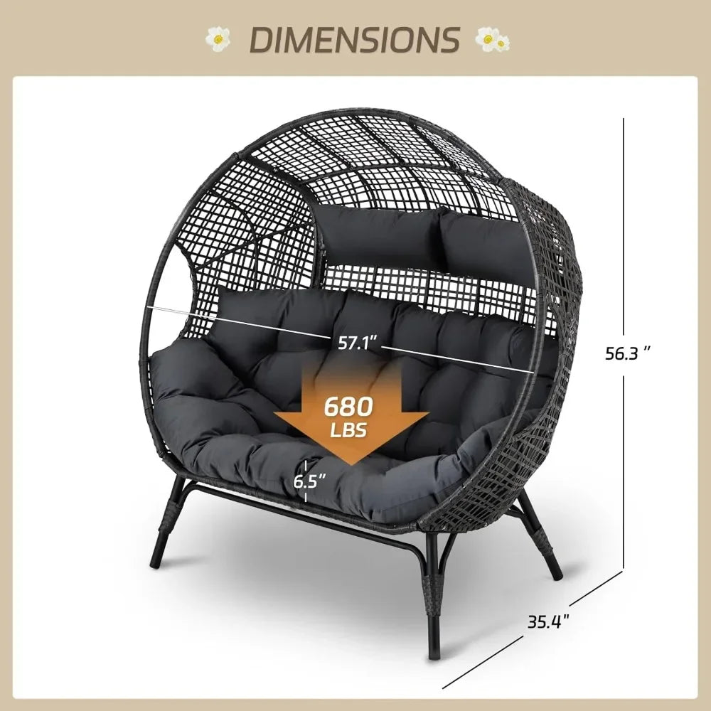 Double Egg Chair Indoor Outdoor 2 Person Grey Wicker Oversized Chair with Dark Grey Thick Cushion