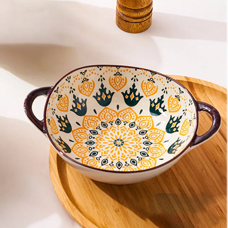 YWDL 700ml Ceramic Salad Bowl With Handle Kitchen Soup, noodles, and fruit Japanese Tableware Microwave Pan