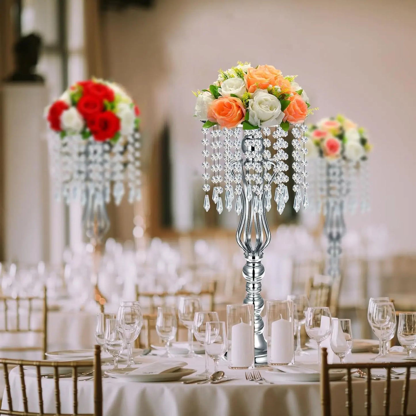 16 Pcs Centerpieces, Vase with Chandelier Crystal, Flower Party (Silver)