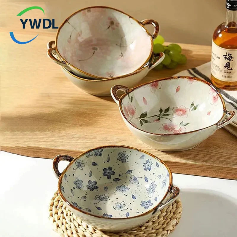 YWDL 700ml Ceramic Salad Bowl With Handle Kitchen Soup, noodles, and fruit Japanese Tableware Microwave Pan