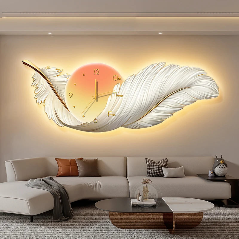 Luxury Living Room Painting Feather Mural with Led Light Painting High-End Sofa Background