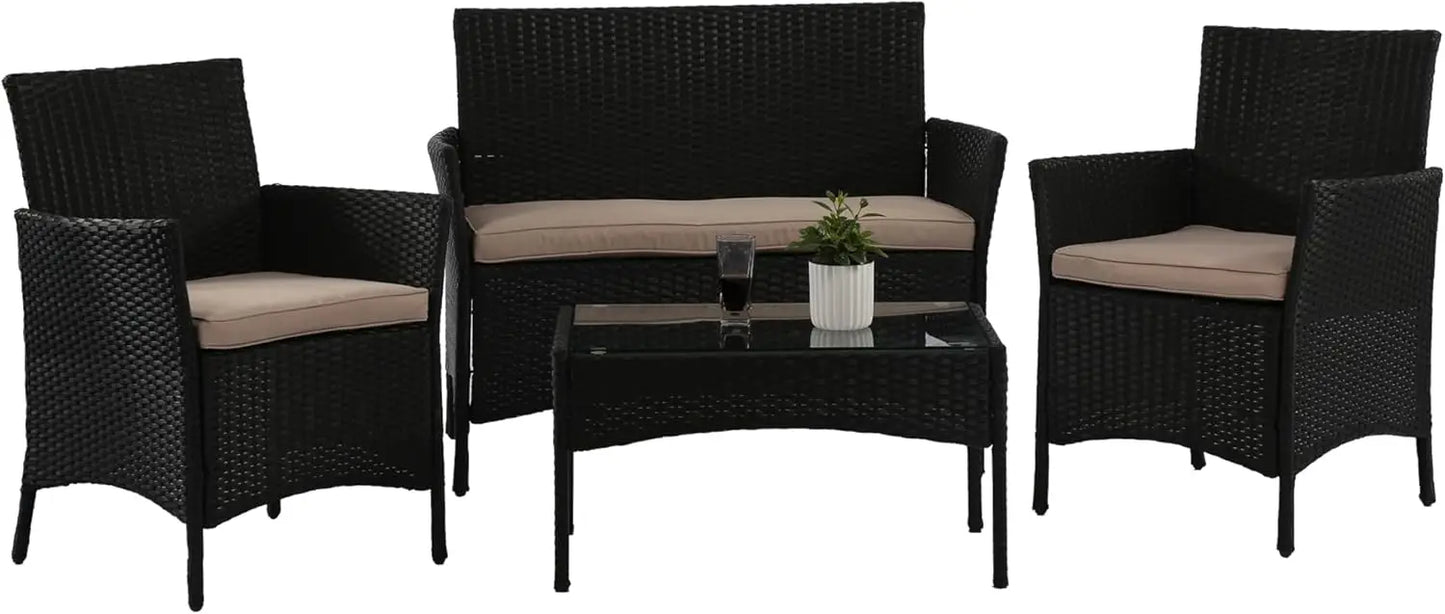 4 Pieces Patio Rattan Outside Furniture Wicker Sofa Garden Sets with Soft Cushion and Glass Table