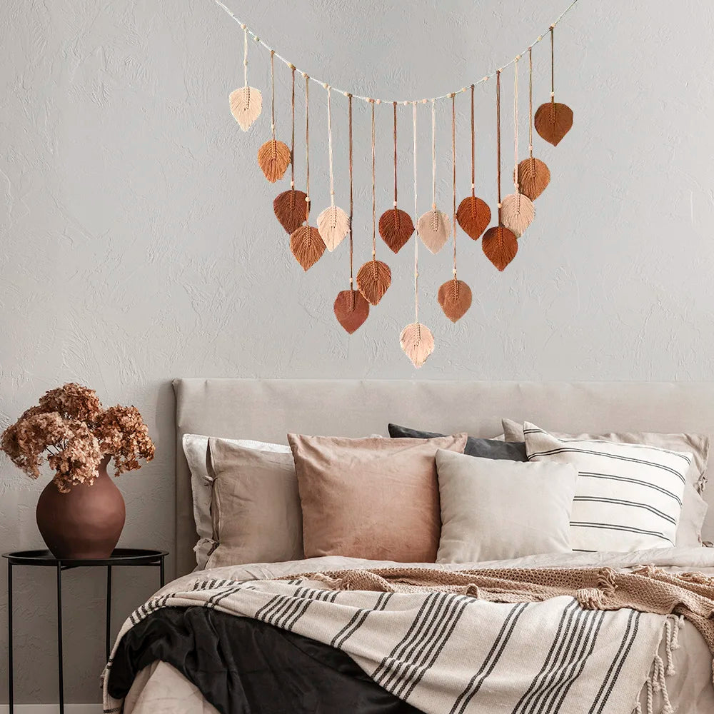 Macrame Tapestry Leaf Hanging Decor for Living Room Bedroom, Boho Wall Art
