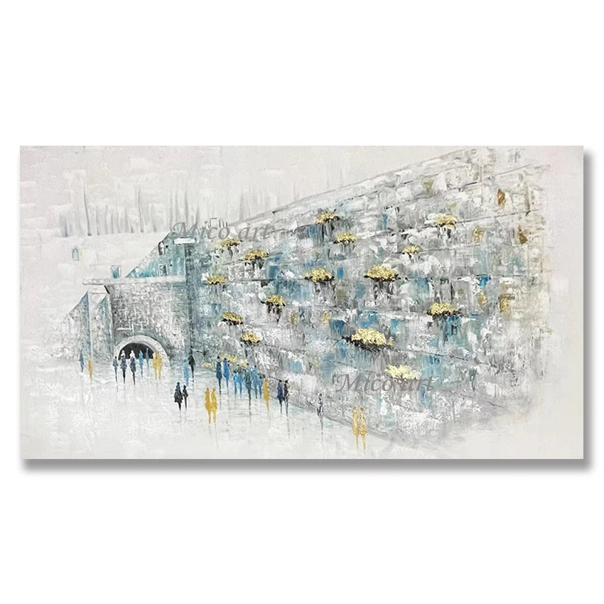 Abstract Oil Painting, Hand Painted Textured Canvas Art, Jerusalem Landscape Judaica, Artwork for Kosher Kitchen Decor