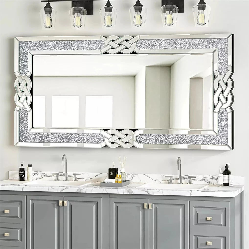 Crushed Diamond Wall Mirror Rectangular Glass Silver Decor Crystal Frame Edge