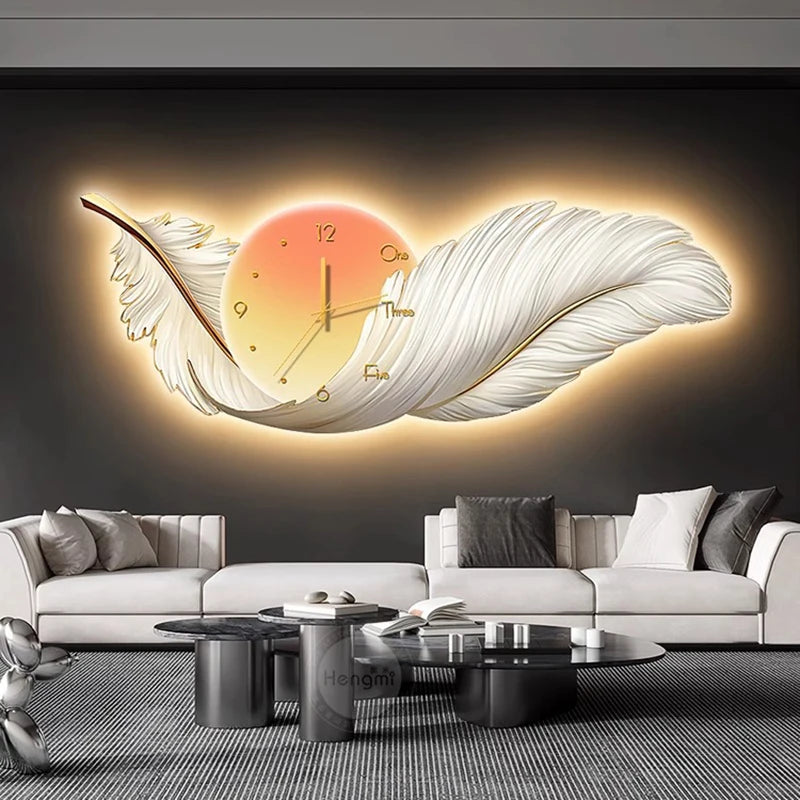 Luxury Living Room Painting Feather Mural with Led Light Painting High-End Sofa Background