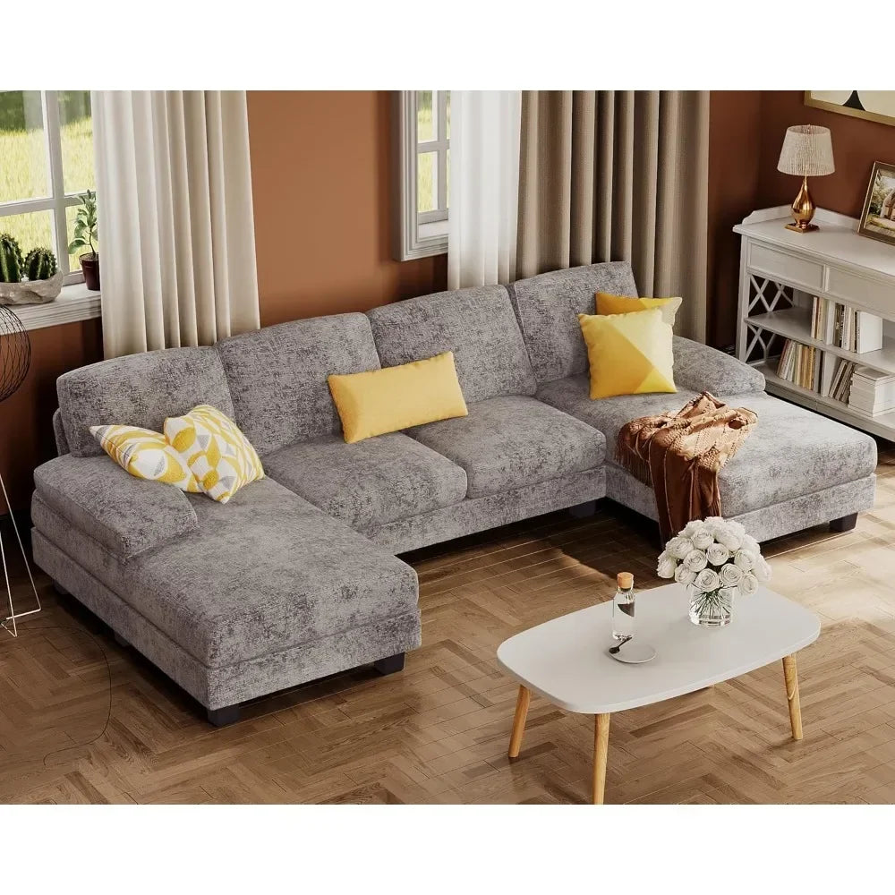 Sectional Couches for Living Room U-Shaped Sofa with Linen Fabric 4 Seat Sofa Set with Double Chaise