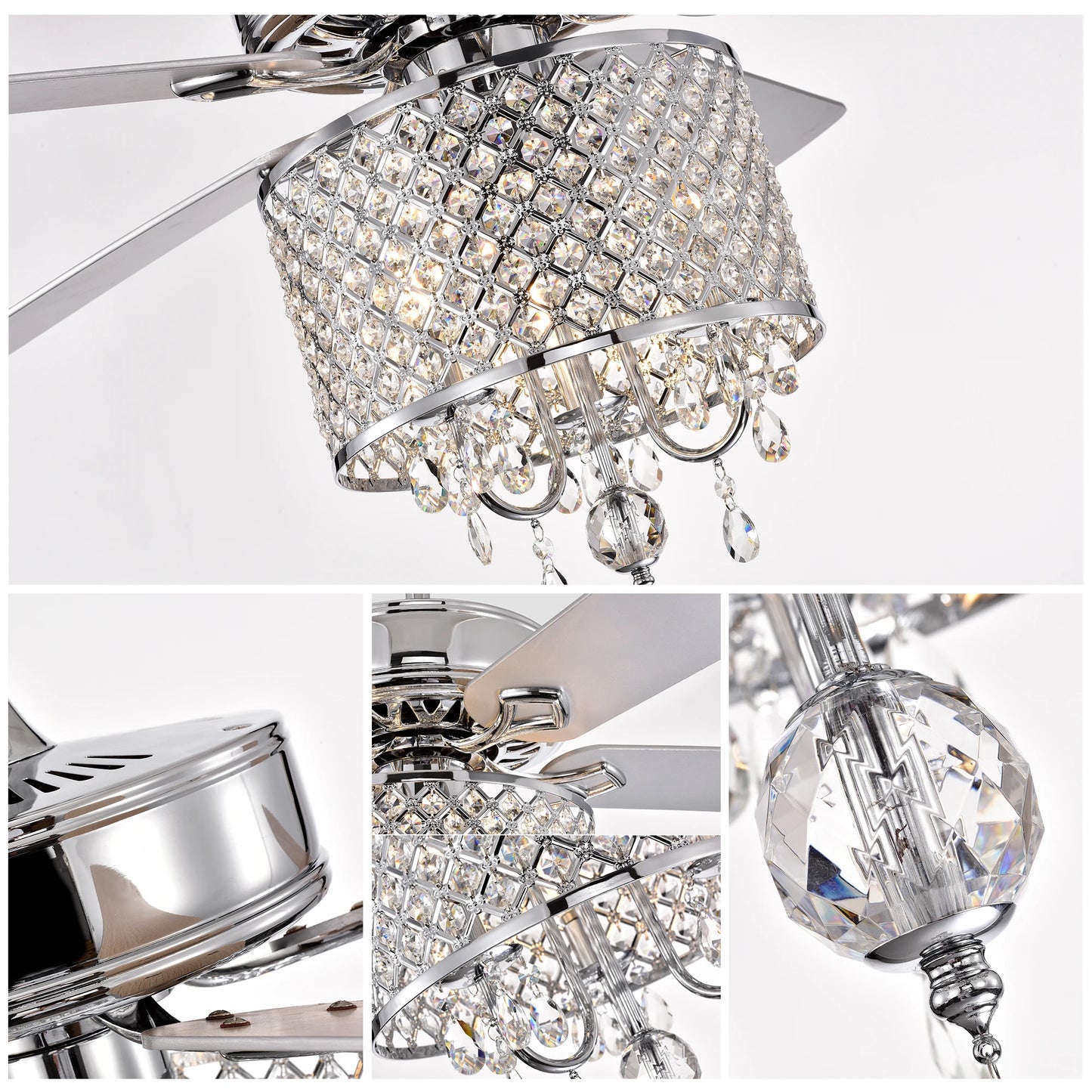 52'' Classical Crystal Ceiling Fan Lamp 3 Speed Hand Pull Chain (High, Mid, Low), 5 Reversible Blades for Living Room, Dining Ro