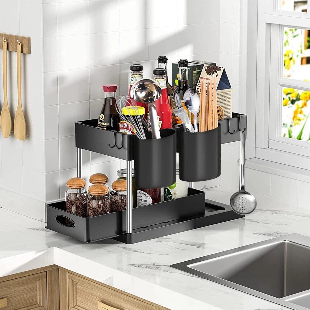 2 Tier Under Sink Organizer Sliding Cabinet Basket Storage Rack with Hooks Hanging Cup