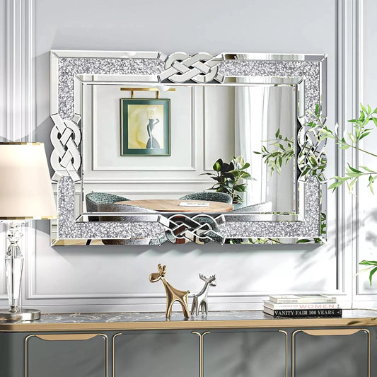 Crushed Diamond Wall Mirror Rectangular Glass Silver Decor Crystal Frame Edge