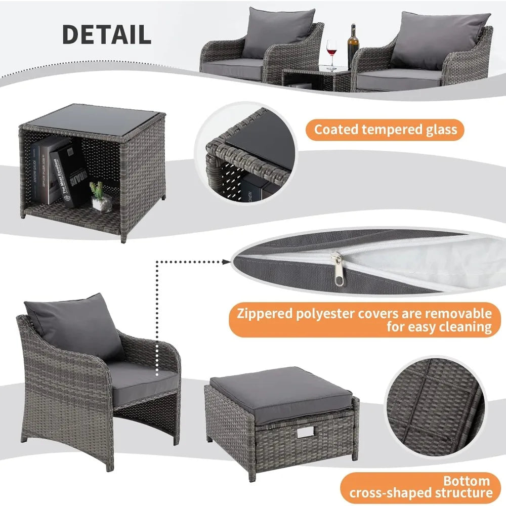 5 Piece Balcony Furniture PE Wicker Rattan Set 2 w/Ottoman cushions Table Patio Chair