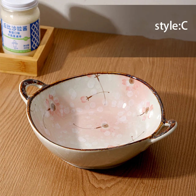 YWDL 700ml Ceramic Salad Bowl With Handle Kitchen Soup, noodles, and fruit Japanese Tableware Microwave Pan