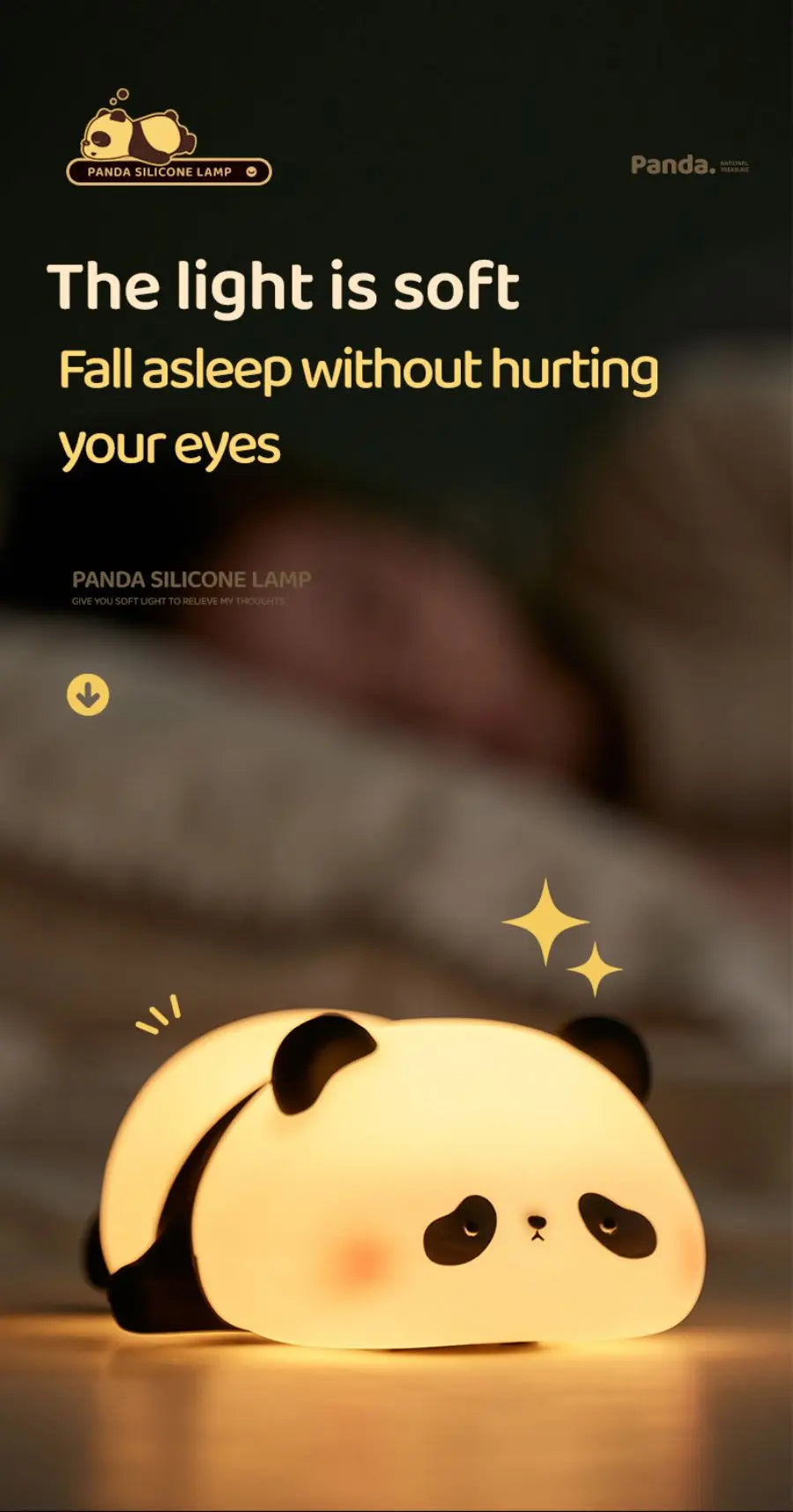 LED Night Light Cute Panda Silicone USB Rechargeable Timing Bedside Decor Kids Baby nightlight