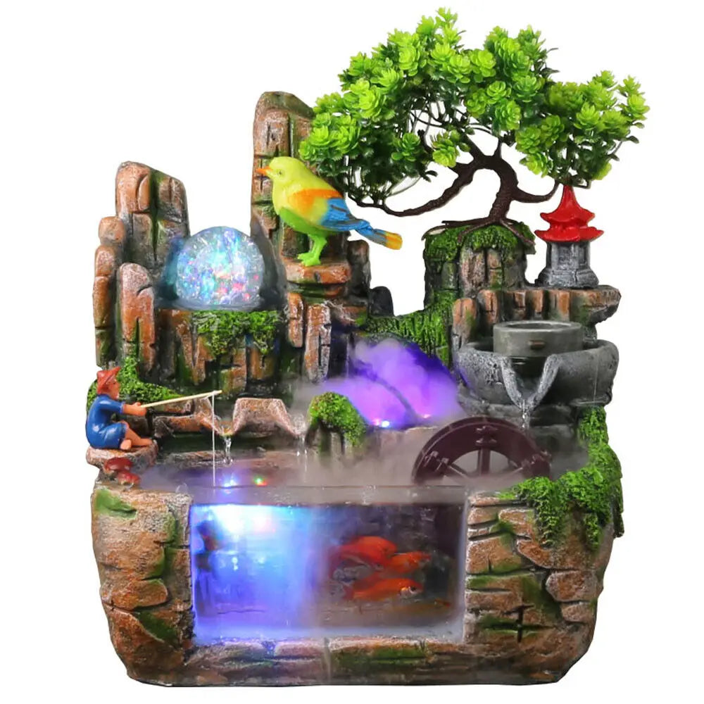 Fountain Waterfall with Rockery Indoor Relaxation with Light Bird & Fisherman for Home