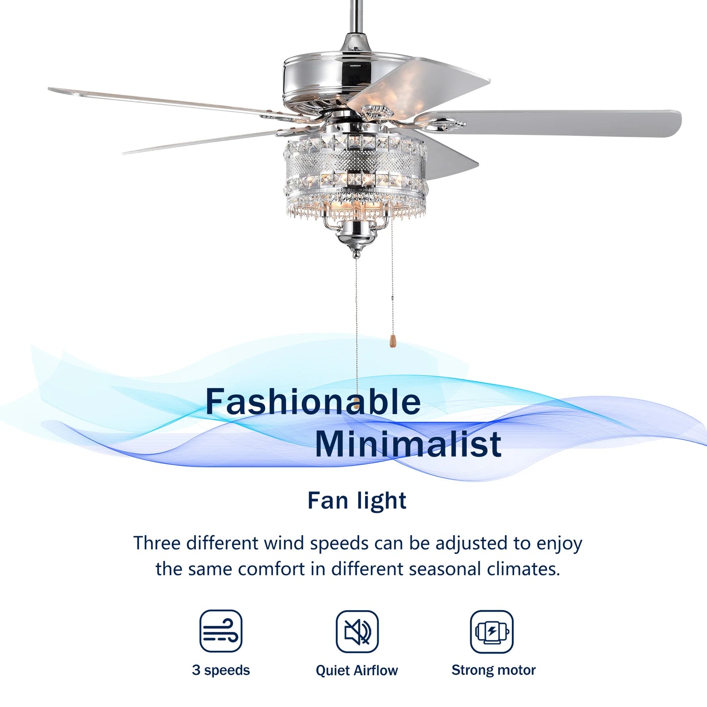 52'' Classical Crystal Ceiling Fan Lamp 5 Reversible Blades Stylish for Any Room