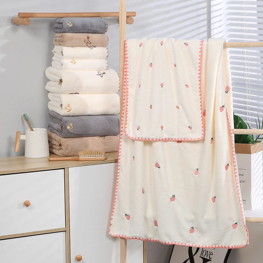 Soft Coral Towels Set Peach Bear Cherry Embroidered Face Bath Towel Super Absorbent