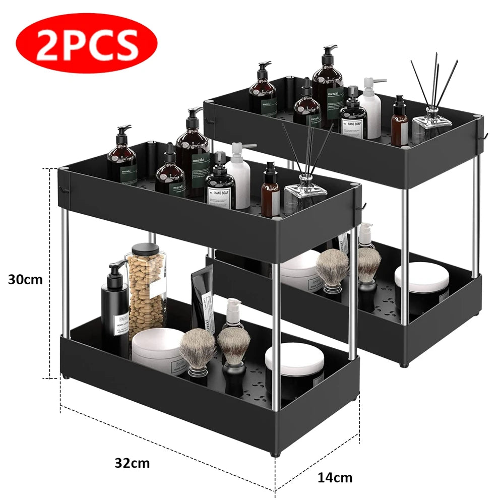 2 Tier Under Sink Organizer Sliding Cabinet Basket Storage Rack with Hooks Hanging Cup