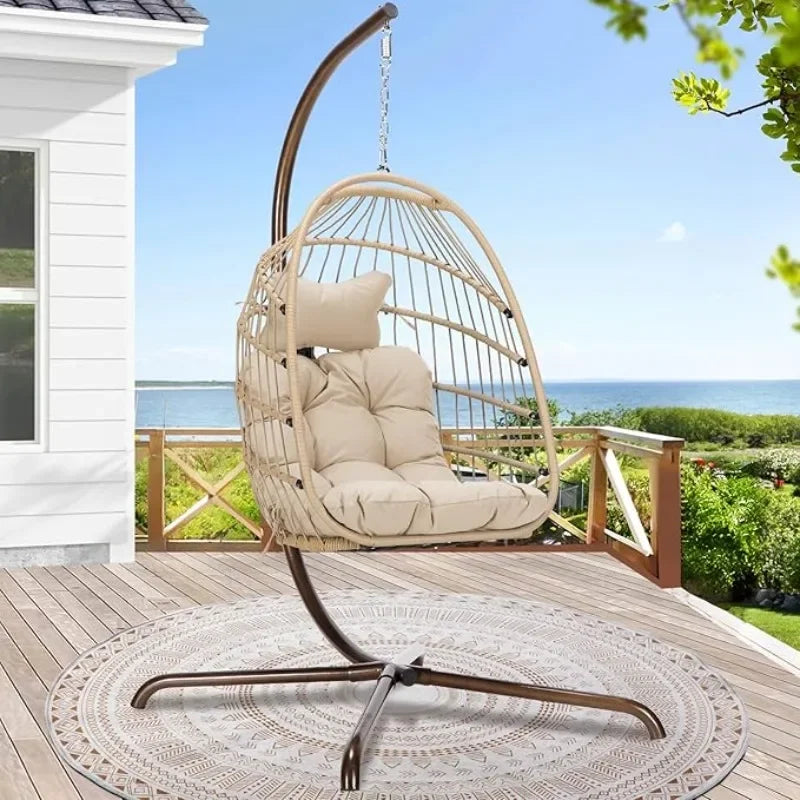 Hanging Chair with Stand Outdoor Swing Water Resistant Cushions Rattan Wicker Chair Foldable Basket