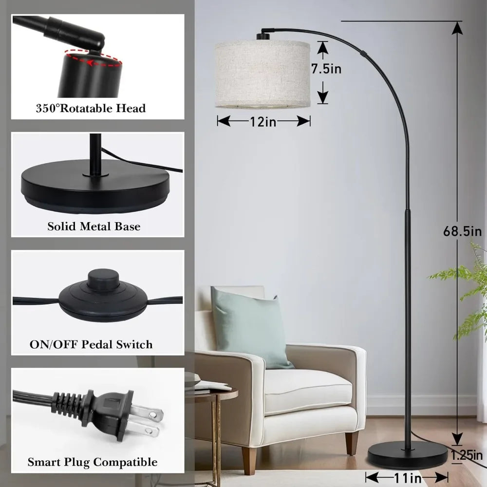 Floor Lamp, Modern Standing with Adjustable Drum Shade, Arched Floor with Foot Switch on Sofa