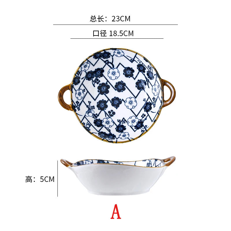 7.5inch Ceramic Ramen Bowl With Handle Japanese Style Flower Heat-resistant Soup Bowl Microwave Safe
