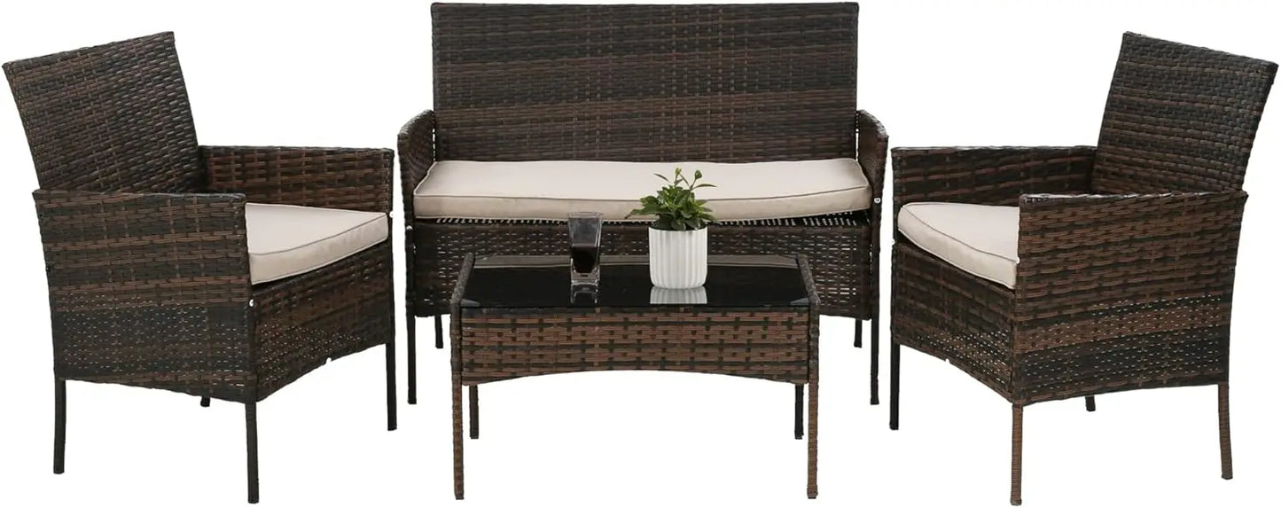 4 Pieces Patio Rattan Outside Furniture Wicker Sofa Garden Sets with Soft Cushion and Glass Table