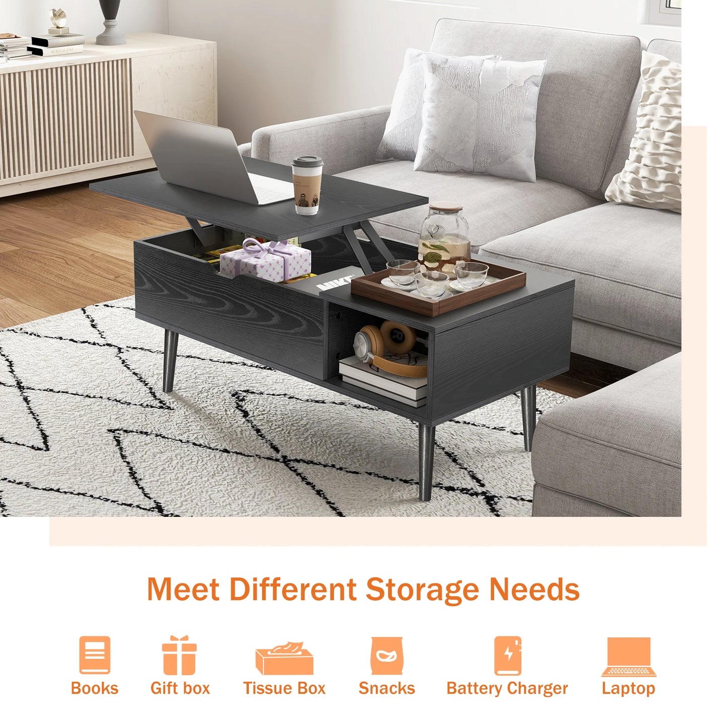 Coffee Table Tea Wood Dining Tables Adjustable Storage Shelf Easy Lift Or Lower