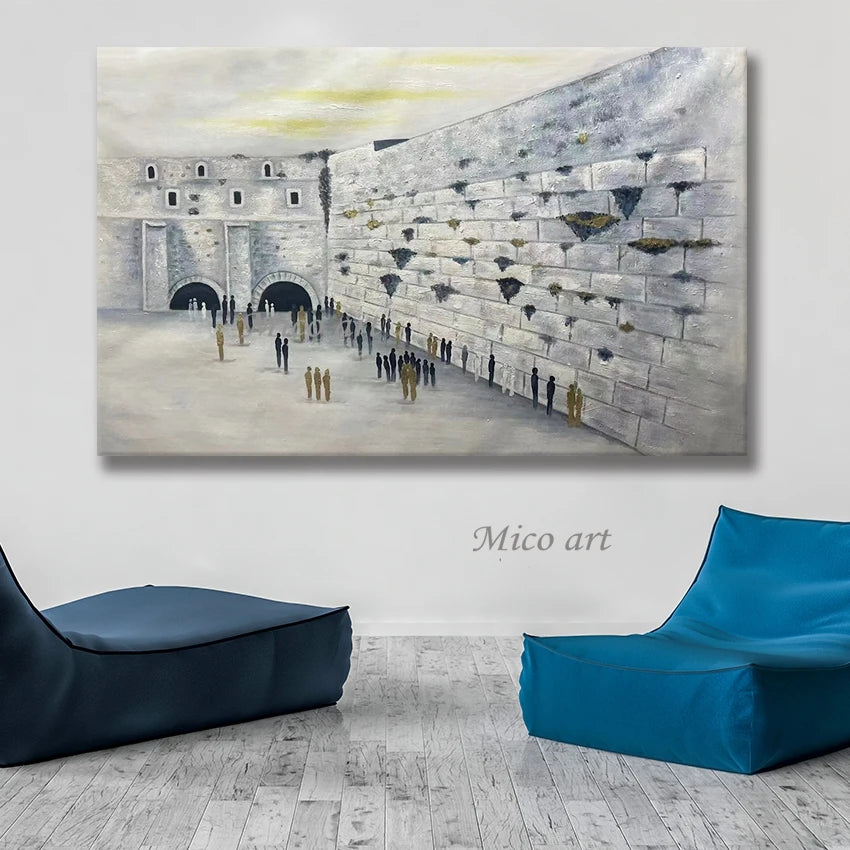 Abstract Oil Painting, Hand Painted Textured Canvas Art, Jerusalem Landscape Judaica, Artwork for Kosher Kitchen Decor
