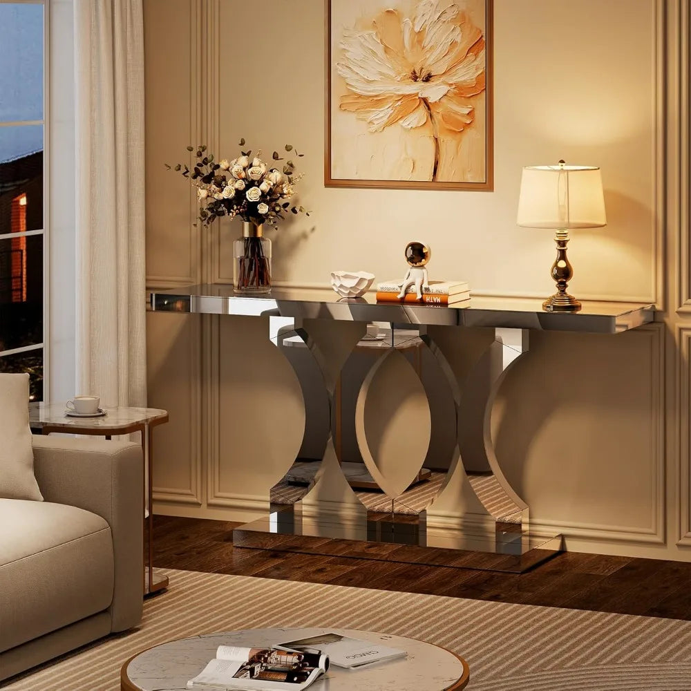 Mirrored Table, with Geometric Base, Modern Sofa Table for Living Room