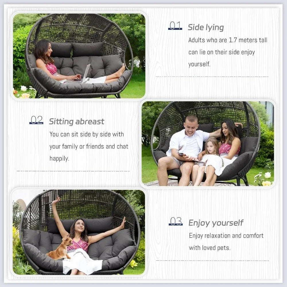 Double Egg Chair Indoor Outdoor 2 Person Grey Wicker Oversized Chair with Dark Grey Thick Cushion