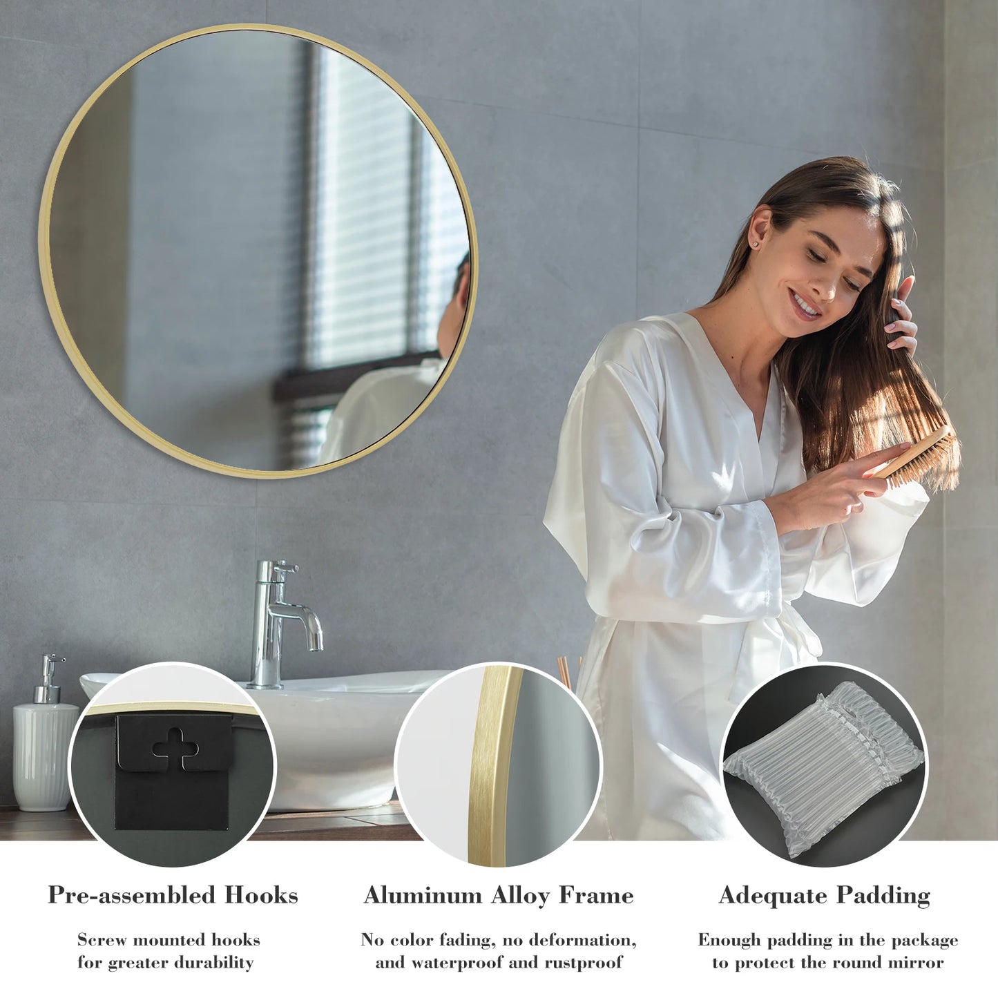Gold Round Vanity Framed Mirror for Matte Metal Framed Modern Mirror Tempered Glass Bedroom Living Room