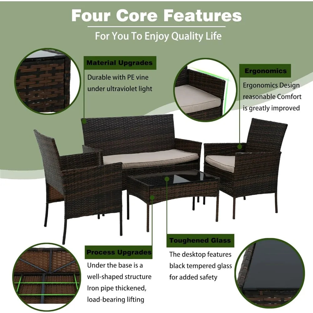 4 Pieces Patio Rattan Outside Furniture Wicker Sofa Garden Sets with Soft Cushion and Glass Table