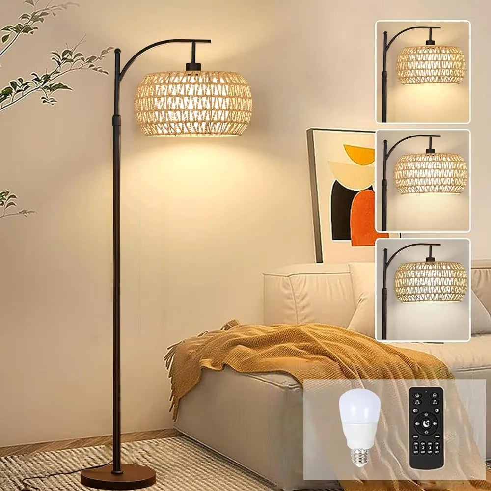 Lamp Remote Control, Dimmable LED Floor Wicker Shade Black Standing, 3 Color Temperature
