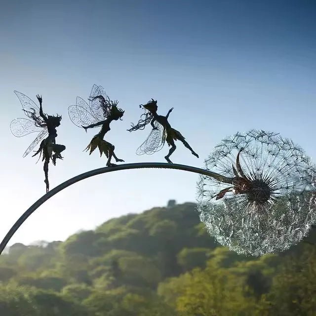 Dancing Fairy Statue Steel Wires Elf Dandelion Sculpture Mythical Garden Figurine Yard Decor