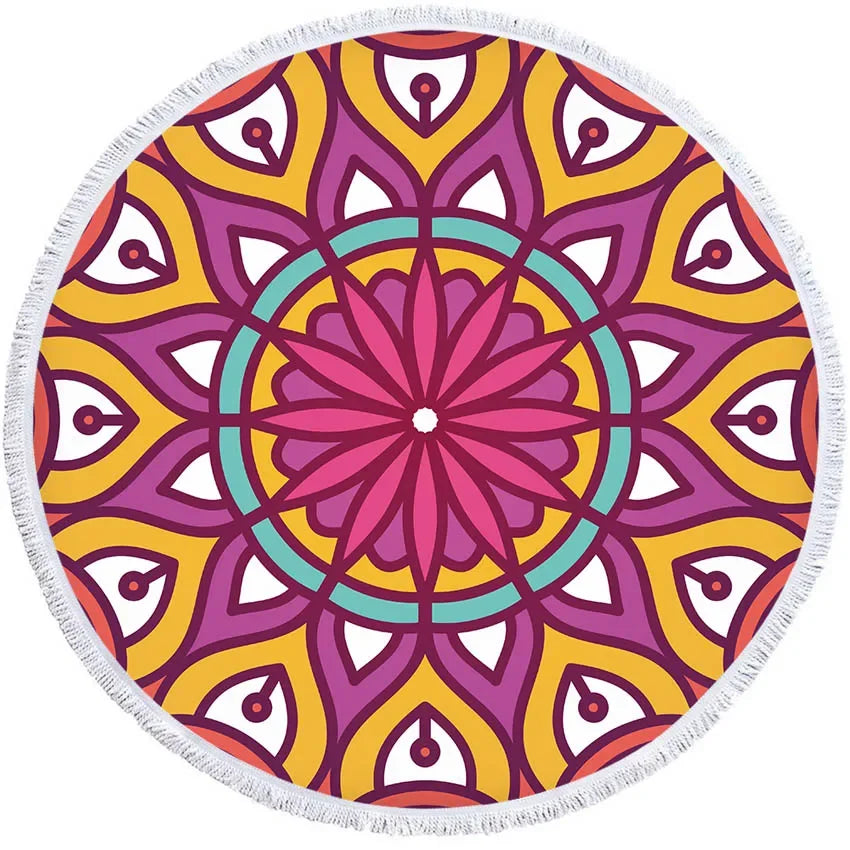 Mandala Geometric Round Beach Towel Bohemian Microfiber For Kids Adults Picnic and Yoga Mat