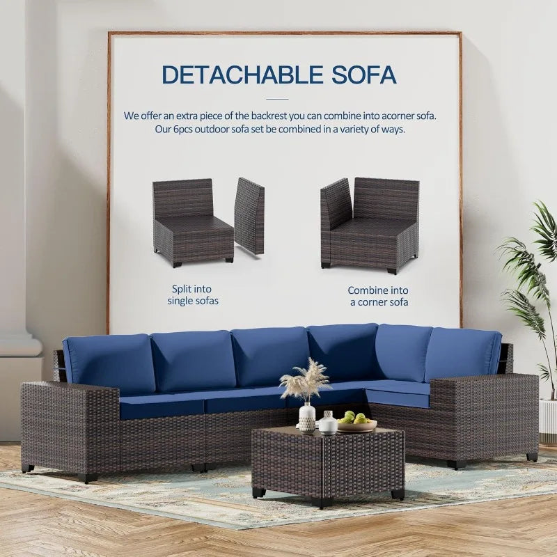6PCS Outdoor Patio Furniture Set PE Wicker Rattan Sectional Sofa Patio Navy Blue