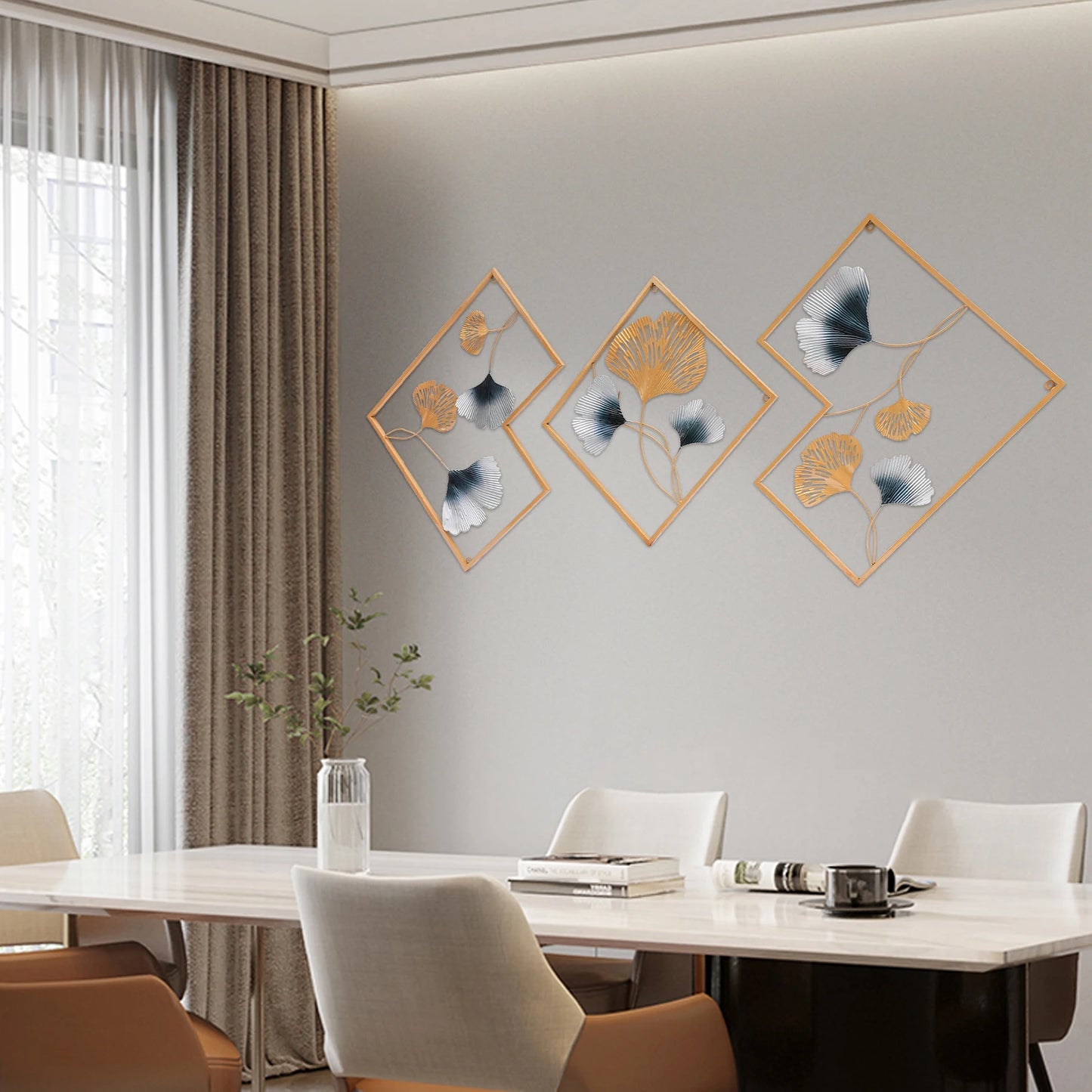 3PCS Metal Wall Art Hanging Sculpture Decor 3D Ginkgo Gold & Blue